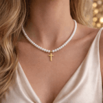 Colier Perle Cruciulita Aur 585 - imagine 2