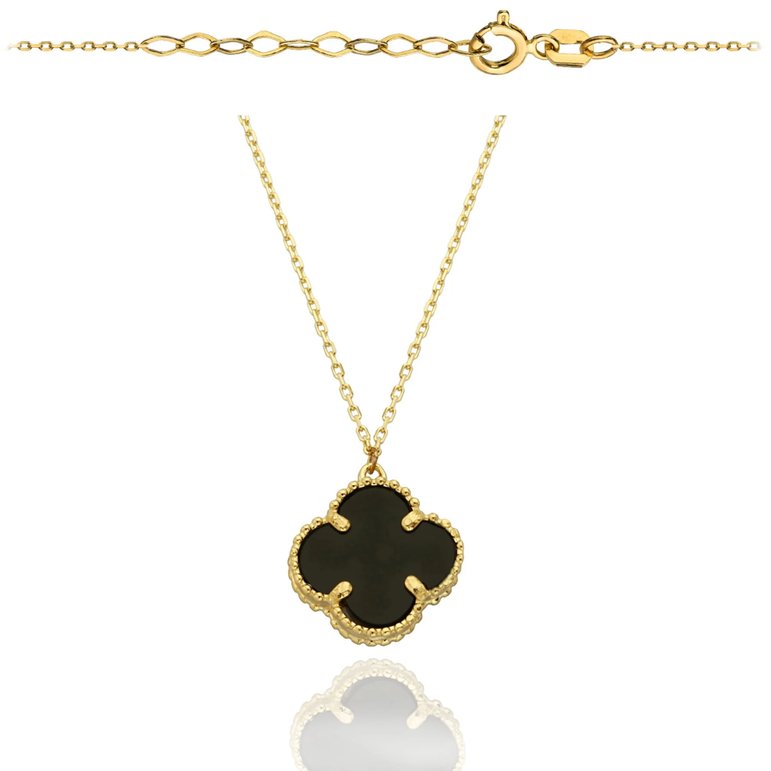 LAU49a Lantisor Aur Galben 585 Trifoi Cu Pietre Negre - imagine 1